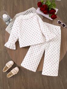 2pcs/Set Toddler Girls' Heart Print Ruffle Collar Long Sleeve Cardigan Top And Pants Set,Cute Vintage Style Shirt For Autumn,Family Matching Outfit - White - View 2