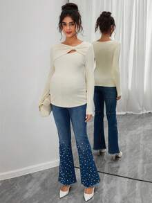 SHEIN Áo cho con bú cổ lệch màu trơn thanh lịch dành cho phụ nữ mang thai - Màu be - Xem 4