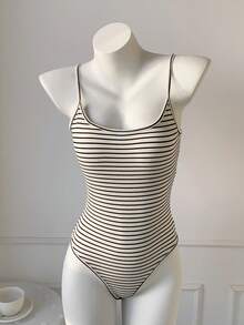 Comfortcana Ladies' Striped Printed Sleeveless Bodysuit For Summer - Black and White - View 6