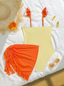 SHEIN Teen Girl Floral Print Ruffled Strap Swimsuit With Sarong Skirt,2pcs Orange One Piece Bathing Suit Set,Summer Beach Vacation Holiday Swimwear Outfit - Multicolor - View 2