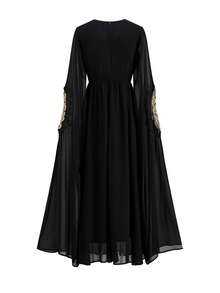 Ellevyn Damen neue elegante Kleid mit geraffter Taille, individuellem Quastenbesatz am Kragen, Blumenmuster, schwarzer Chiffon, Langarm, Schlitz-Saum, klassisches schwarzes Kleid, geeignet für Familientreffen und verschiedene Anlässe - Schwarz - Übersicht 5