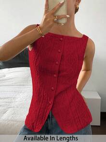 SHEIN PETITE CURVE 大码夏季简约纯色纹理前扣方领背心 - 紅色 - 查看 6