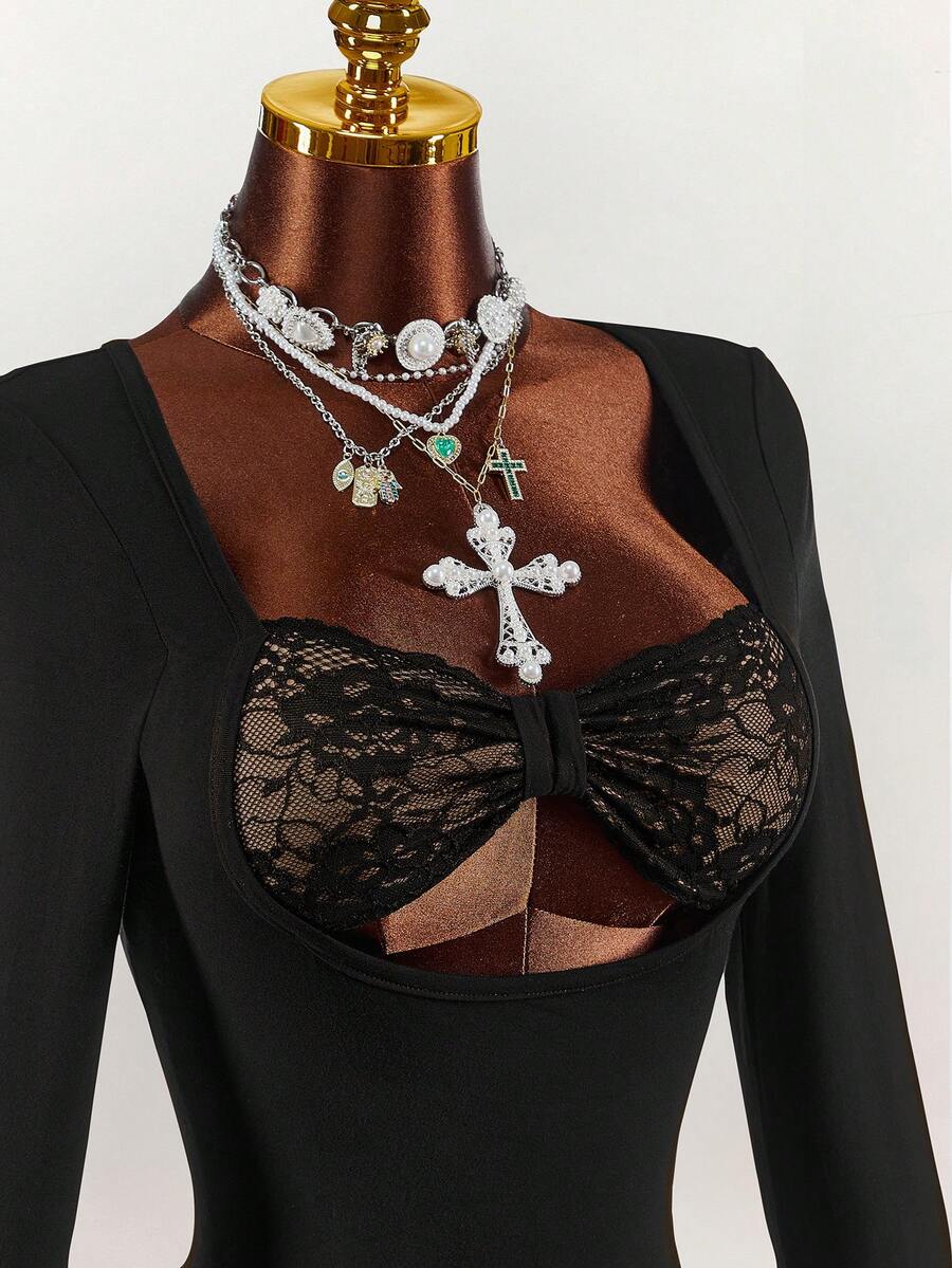 Amplova Áo tay dài cổ tim với chi tiết ren ở cúp ngực và lớp lót, gợi cảm và thoải mái, thích hợp cho mùa xuân, thu/đông, áo khoác ngoài cho nữ, áo corset gợi cảm, áo đen gợi cảm. - màu đen - Xem 1