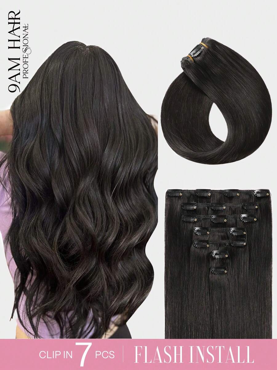 7PCS With16Clips Straight Clip In Hair Extensions Real Human Hair Natural Virgin Human Hair Extensions Double Weft Clip Ins For Women Daily Use Easy To Wear Clip Ins Hair Extensions
