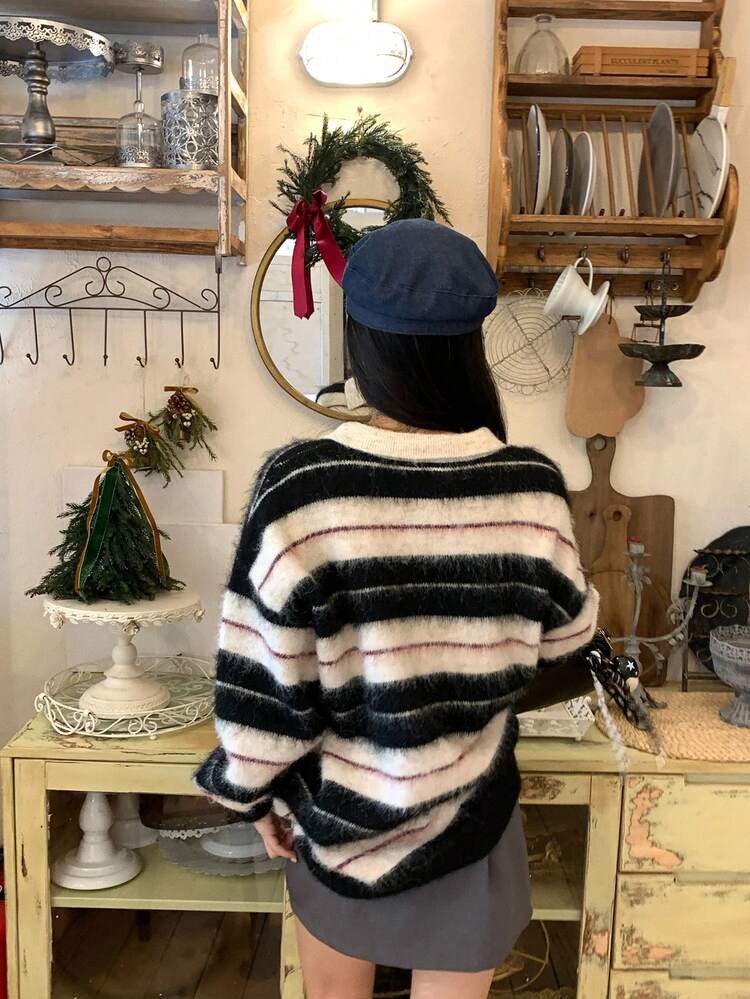 Women's Turndown Collar Striped Fleece Korean Style Long Sleeve Sweater, Autumn/Winter