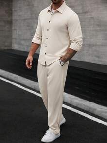 Manfinity Homme Męska jednorzędowa koszula z długim rękawem i spodniami w jednolitym kolorze, garnitur casualowy - Morela - Zobacz 3