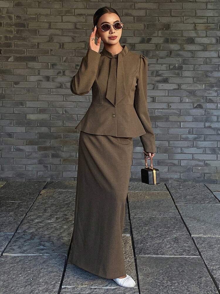 Women's Elegant Ruffle Collar Puff Sleeve Blouse And Straight Maxi Skirt 2-Piece Set, Casual & Graceful