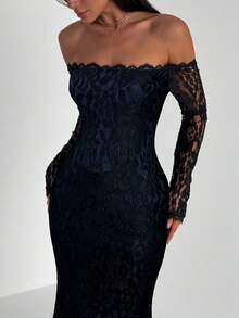 Aloruh 新款性感蕾丝露肩浪漫美人鱼长袖修身连衣裙，适合鸡尾酒会、约会之夜、情人节等场合。 - 藏蓝色 - 查看 5