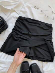 SHEIN EZwear Women Solid Ruched Ruffle Hem Mini Skirt - Black - View 4
