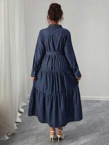 SHEIN Maternity Long Sleeve Button Half Placket Ruffle Hem Casual Denim Dress