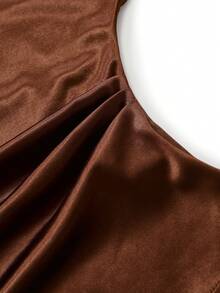 SHEIN Franclia 女士纯色褶皱短袖翻领T恤和半身裙两件套，含腰带，春秋季 - 咖啡棕 - 查看 3