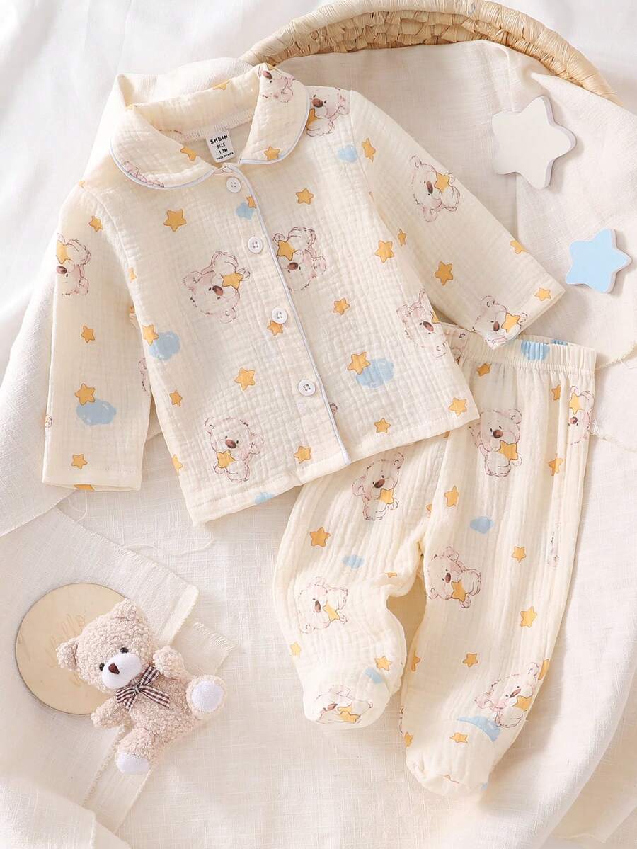 Bộ đồ ngủ 2 món cho bé sơ sinh, màu kem, in hình ngôi sao và cừu, cổ Peter Pan, cổ tròn, tay dài, quần dài không gót, bốn mùa, nhẹ nhàng, mềm mại, ấm áp, thích hợp mặc ở nhà, ngủ trưa, nằm viện, quà tặng cần thiết cho kỳ nghỉ lễ 2026. - Màu be - Xem 1