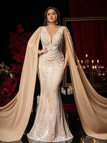 Glamrae Plus Size Elegant Romantic Apricot Deep V Luxury Beaded Chiffon Flounce Inlaid Sequins Decor Mermaid Hem Formal Evening Gown - Apricot - View 4