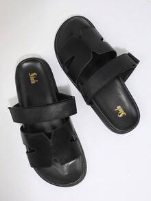 SHUZIA 女士舒适露趾平底厚底日常基本款黑色PU拖鞋