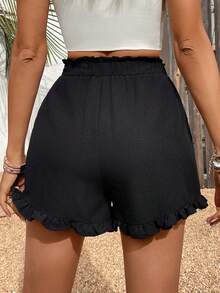 SHEIN LUNE 女士纯色荷叶边松紧腰休闲短裤，春夏款 - 黑色 - 查看 2