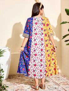 SHEIN Tween Girls' Traditional Arab Maxi Dress,Floral Red Pattern,Golden Trim V-Neck,Pastel Yellow,Autumn,Boho,Family Matching - Multicolor - View 2