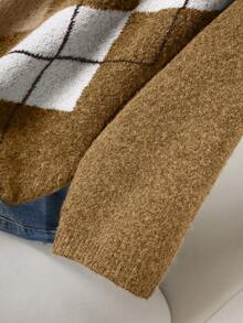 CosyJoli Große Größen Rhombus Muster Farbblock Lässiger Langarm Pullover Sweater Herbst Winter Kleidung für Frauen