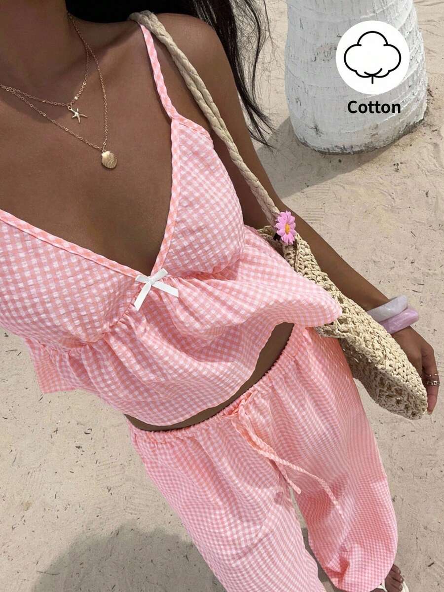 Sunnyshic 两件套：粉白格纹V领吊带背心，荷叶边装饰，搭配高腰阔腿裤，甜美优雅休闲度假简约日常穿搭，夏季 - 彩色 - 查看 1