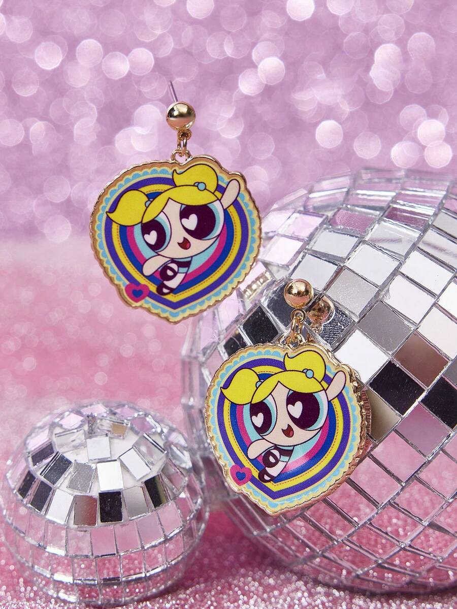 THE POWERPUFF GIRLS X SHEIN 1 Cặp bông tai hợp kim kẽm họa tiết bong bóng thời trang dành cho nữ, sang trọng, phong cách cao cấp, thích hợp cho tiệc tùng, hòa nhạc/lễ hội - Vàng - Xem 1