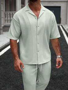 Manfinity Homme Men's Plaid & Solid Color Jacquard Short Sleeve Shirt + Drawstring Elastic Waist Pants, Essential Outfit For Men In Summer - Mint Green - View 5