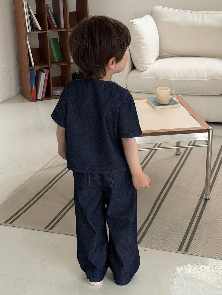 Toddler Boys V-Neck Casual Short Sleeve Shirt And Denim Pants 2 Pieces Set