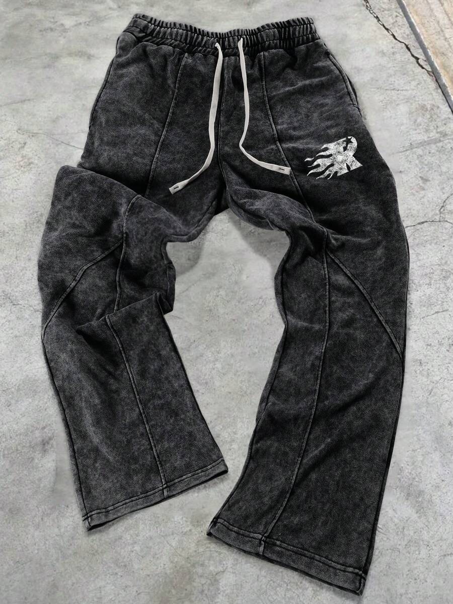 男士字母印花抽绳阔腿休闲运动裤，PAVTROS，Y2k，狂欢节，街头服饰，复古，度假，我爱我的男朋友，情人节 - 黑色 - 查看 1