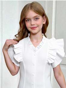 SHEIN Tween Girl Ruffled Layered Cap Sleeve Blouse, Elegant Luxurious White Blouse, Princess Style Suitable For Wedding Season - White - View 1