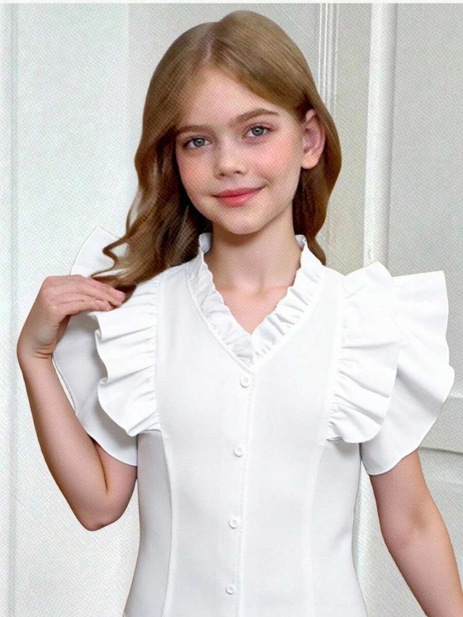 SHEIN Tween Girl Ruffled Layered Cap Sleeve Blouse, Elegant Luxurious White Blouse, Princess Style Suitable For Wedding Season - White - View 1