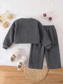SHEIN Babygirl Cute Grey Long Sleeve Sweatshirt & Elastic Waist Pants Set, Autumn/Winter - Dark Grey - View 2