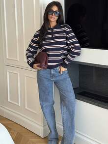 Ronhire Women's Casual Everyday Striped Polo Collared Long Sleeve Sweater,Back To School ,Fall / Winter Clothes For Women,Blockette Style