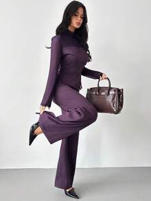 Firerie 女士优雅精致通勤/办公/外出时尚都市风新年假日网纱拼接不对称下摆修身T恤和高腰阔腿裤套装，紫色两件套 - 中紫紅色 - 查看 4