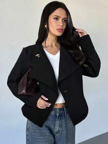 Firerie 女士优雅精致休闲日常通勤新款街头时尚都市风斜襟金属纽扣收腰长袖双面大衣，秋冬款 - 黑色 - 查看 4