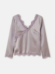 lacRébo Grey Satin Long Sleeve V Neck And Back Top With Lace Trim Detail, Fall Autumn Fall Spring Summer Going Out Top - Grey - View 5