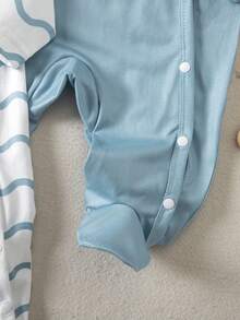 Newborn Baby Boy 2-Piece Knit Crew Neck Long Sleeve Top And Pants Set, Solid Blue Wavy Stripe, Casual Vacation Loungewear, Spring/Summer/Autumn/Winter