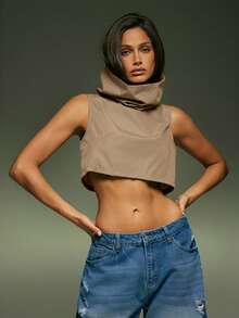 Denimoi Cropped Sleeveless Exaggerated Neck Top - Camel - View 2
