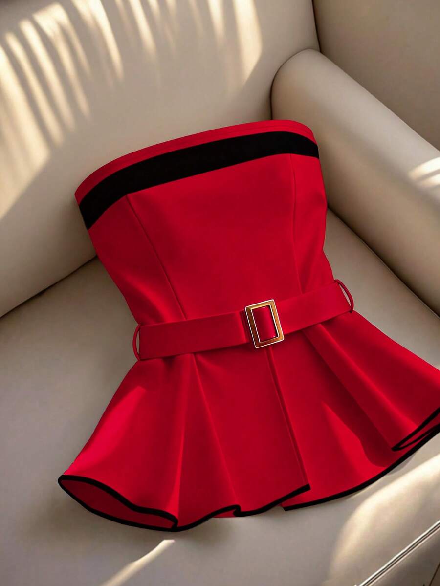 Franclia 秋冬季抹胸上衣，紧身腰身迷人女士抹胸衬衫 - 紅色 - 查看 1