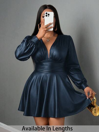 SHEIN PETITE CURVE Elegant Black PU V-Neck Peplum Long Sleeve Plus Size Women Versatile Dress, Mini Length Suitable For Autumn