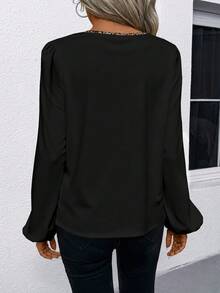 EMERY ROSE Blouse à manches longues et col et parementure contrastés, imprimé léopard, coupe ample et confortable, col V, style décontracté minimaliste, élégant et polyvalent, convient pour le printemps et l'automne - Multicolore - Voir 2