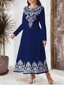 Al Najma Robe longue en tricot à col V élégante avec imprimé floral pour femmes grandes tailles, convient pour les sorties, les vacances, le port quotidien, les occasions décontractées, les fêtes, les festivals. Robe maxi bleue à fleurs, robe fluide, robe fleurie vintage, robe à imprimé floral, robe bleue, robe à col fleuri, robe, robe grande taille - bleu indigo - Voir 5