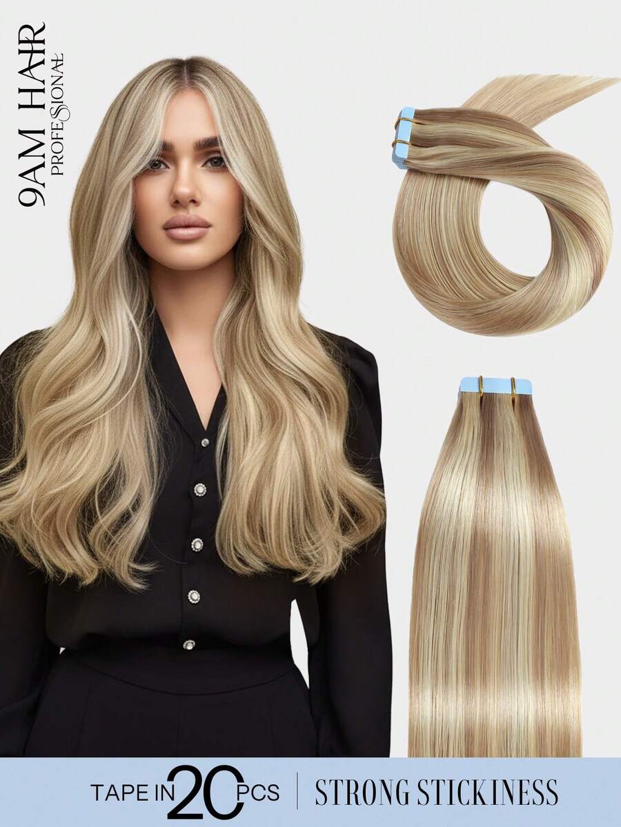 Băng dính tóc 9AM Ombre Vô hình và thoải mái 20 chiếc 50G 12 inch đến 24 inch Màu vàng tro highlight Tẩy tóc vàng P18/613# Băng dính tóc nối Tóc thật Băng dính tóc thật - S18/613 - Xem 1