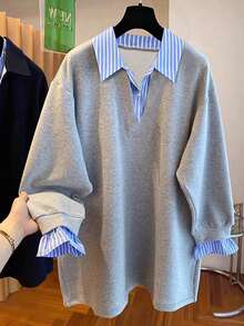 Resyla Women's Casual Striped Patchwork Sweatshirt, Autumn - Grey - View 1