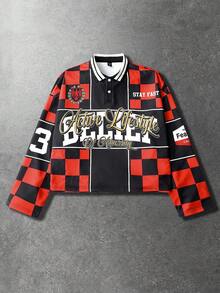 ROMWE MEN Street Life Áo nỉ chui đầu nam, Áo nỉ polo in họa tiết ô vuông phong cách Street American Daily - Đỏ - Xem 4