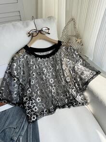 SHEIN Comfortcana 大码女式夏季假日派对 Y3k 西部星形网纱圆领短袖上衣 - 黑色 - 查看 5