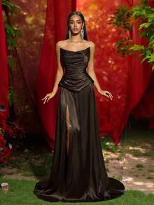 Glamrae Elegantes minimalistisches apokalyptisches vintage Satin plissiertes Meerjungfrau-Saum Abendkleid, geeignet für Festivals, Hochzeiten, Galas, Bankette, Geschäftsveranstaltungen und Konzerte - Kaffeebraun - Übersicht 1