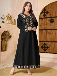 SHEIN Najma Đầm maxi họa tiết hoa hạt điều và hình học cỡ lớn dành cho nữ, cổ chữ V, tay dài, phong cách Ả Rập thanh lịch, mùa xuân - Nhiều màu - Xem 4