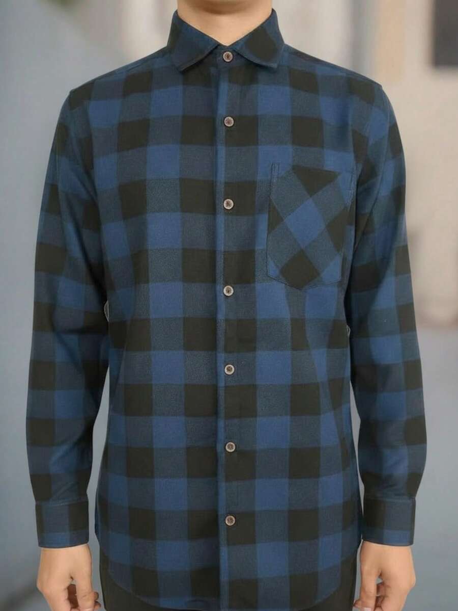 Camisa masculina estilo vintage cuadritos americana, algodón cómodo y suave, sin estampado, corte holgado, de manga larga, ideal para otoño e invierno, fácil de combinar en uso diario y casual - Azul - Ver 1