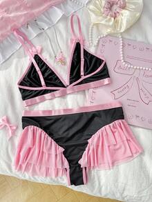 PetitDoll 2pcs Women Colorblock Bow Decor Ruffle Trim Lingerie Set - Black - View 2