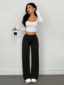 SHEIN PETITE 2pcs Women Casual High Waist Fold-Over Wide Leg Straight Pants, Suitable For Summer - Black - View 6