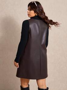 Elaquor 大码女式纯色PU皮革口袋吊带连衣裙，秋冬款 - 咖啡棕 - 查看 2