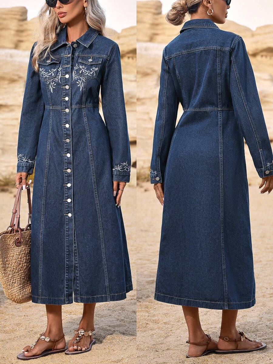 EMERY ROSE Women's Floral Embroidered Long Sleeve Single-Breasted Casual Denim Dress Winter New Year - Dark Wash - View 1
